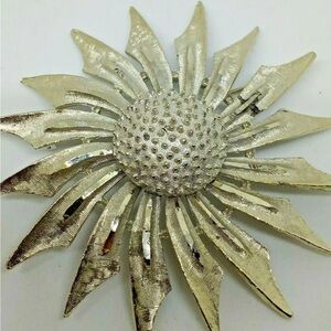 Vintage BSK Muted Silver Tone Sunflower Brooch BSK